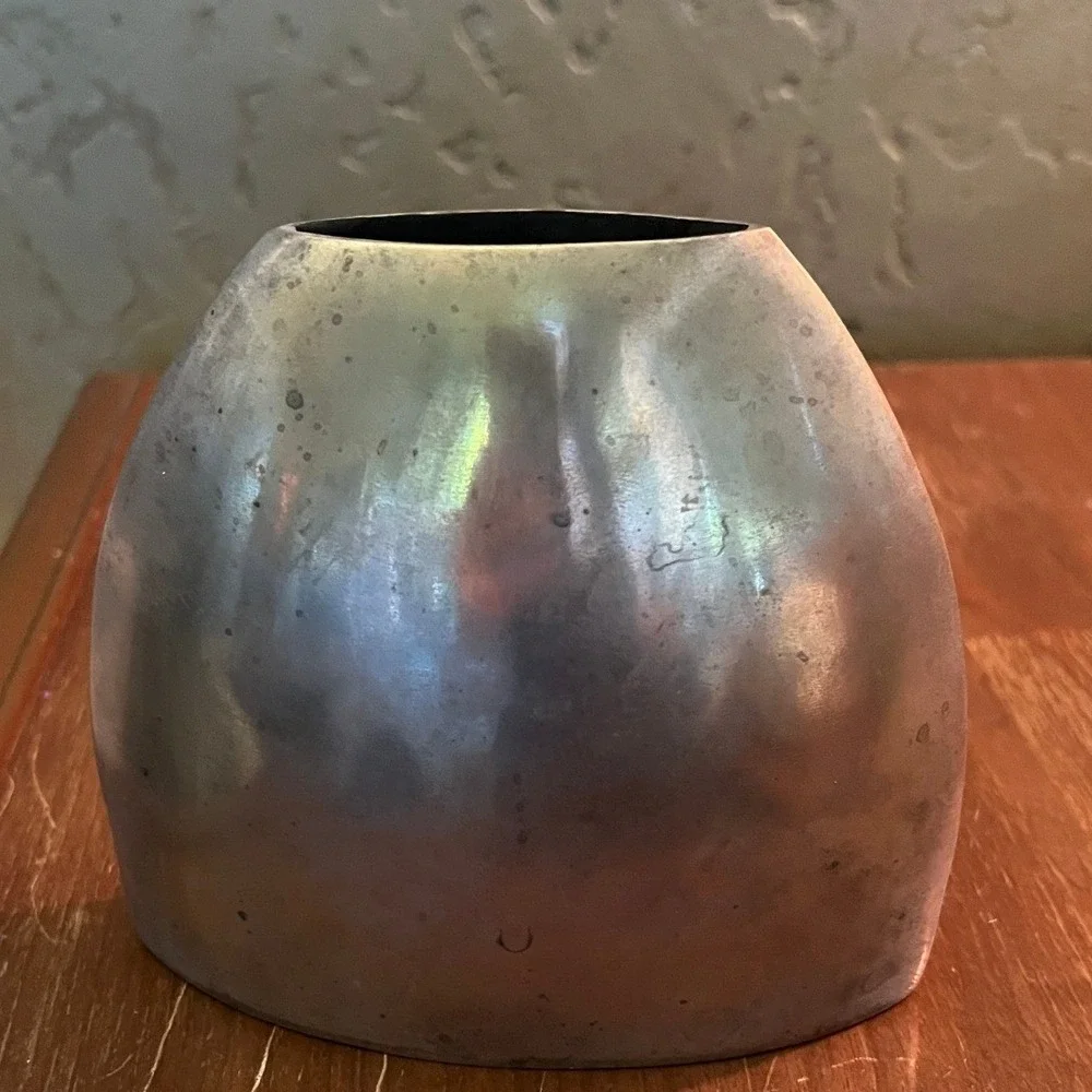 Vintage Aged Modernist Brass Vase Sculptural Elliptical Vessel Mid Century Decor